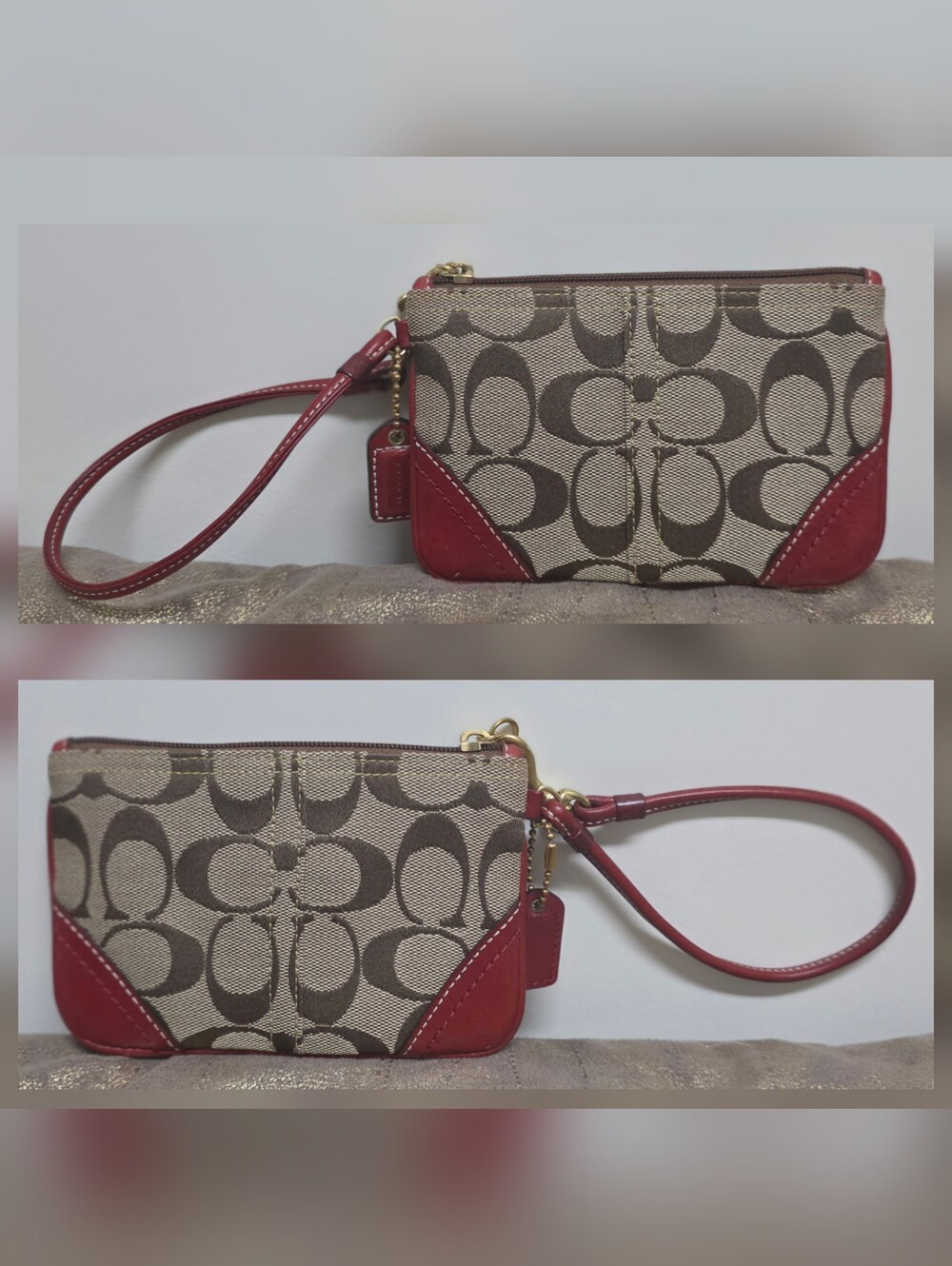 Coach Beige Signature Canvas Wristlet with Red Leather Accents